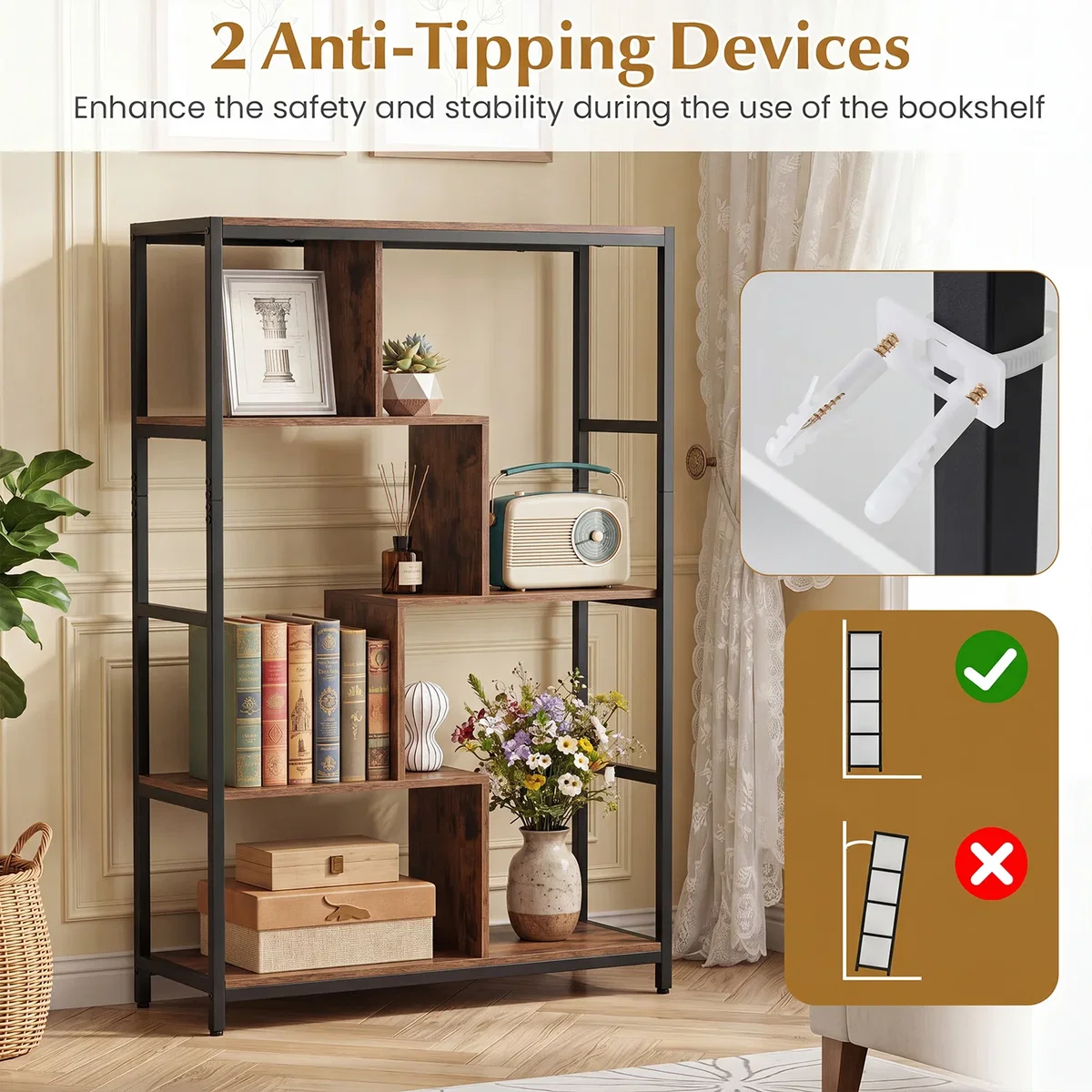 5-Tier Industrial Bookcase - Brown – image 10