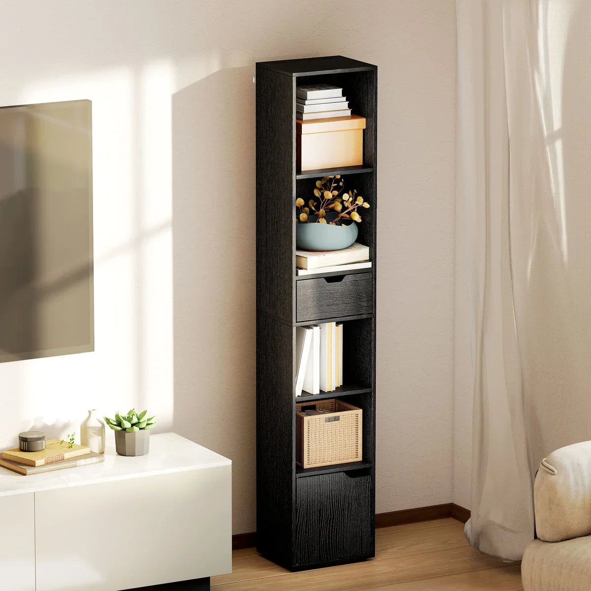 HOMCOM 6 Tier Bookcase Narrow Bookshelf with Storage - Black