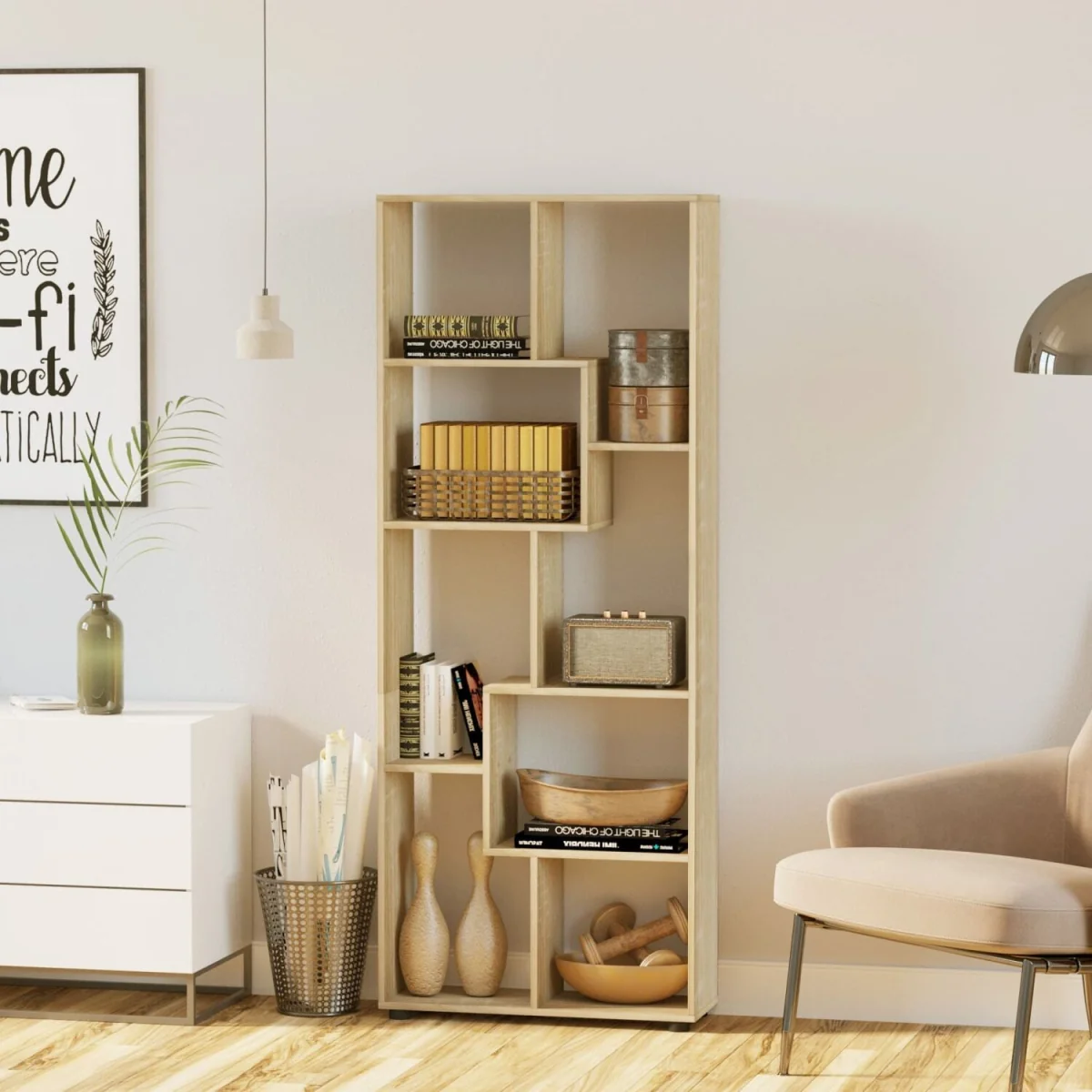 Neviludo Wood Natural Finish Tall 8 Cube Bookcase Room Divider With Freestanding Shelving 70 x 24 x 178 cm – image 4