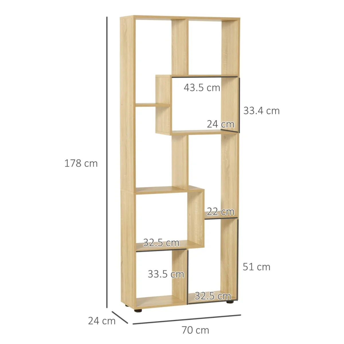 Neviludo Wood Natural Finish Tall 8 Cube Bookcase Room Divider With Freestanding Shelving 70 x 24 x 178 cm – image 5