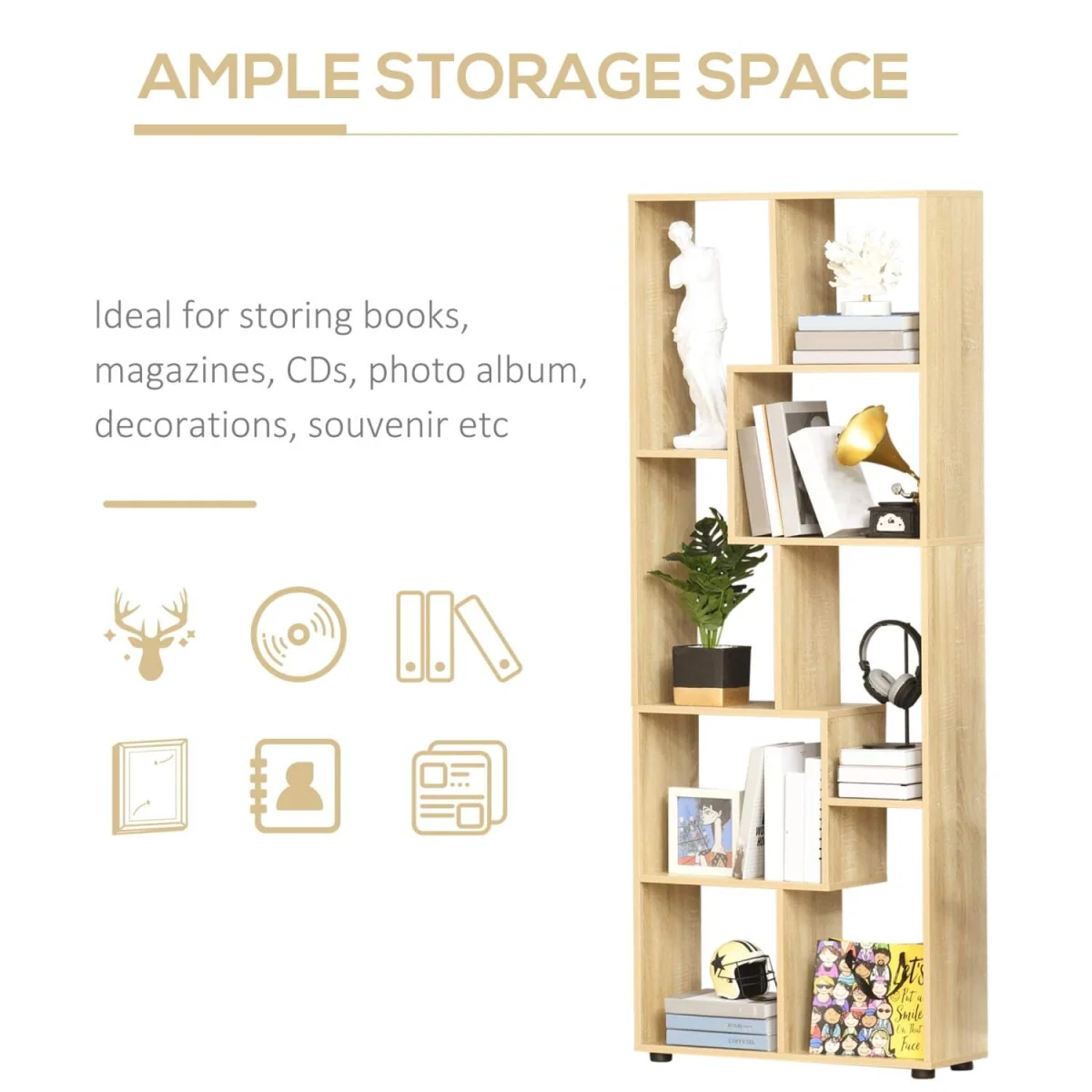 Neviludo Wood Natural Finish Tall 8 Cube Bookcase Room Divider With Freestanding Shelving 70 x 24 x 178 cm – image 6