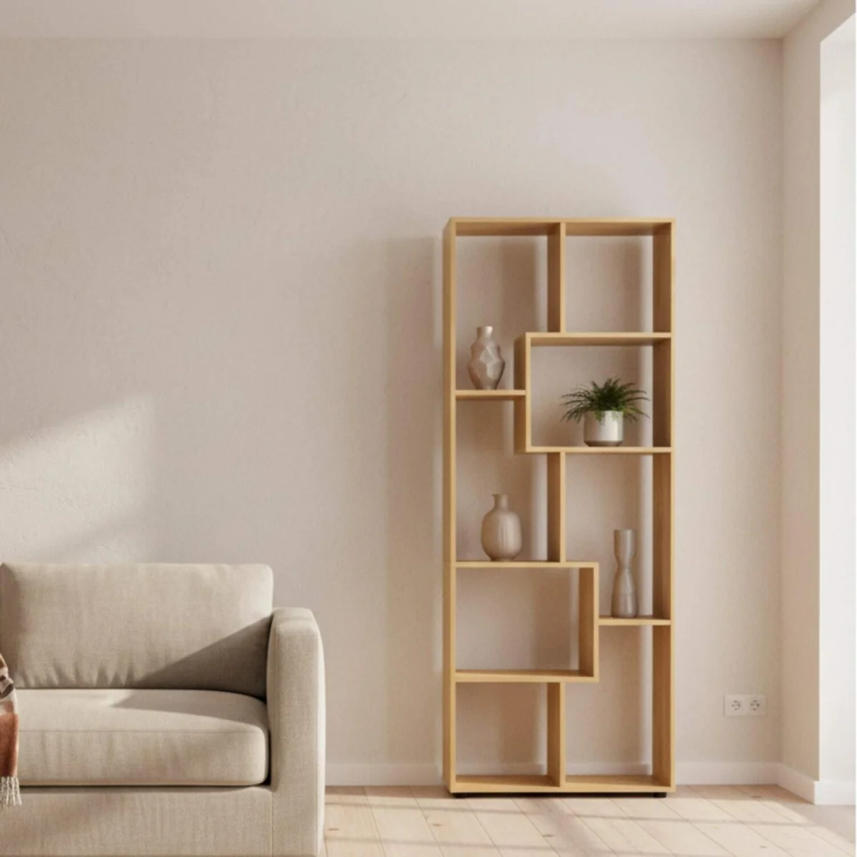 Neviludo Wood Natural Finish Tall 8 Cube Bookcase Room Divider With Freestanding Shelving 70 x 24 x 178 cm – image 1