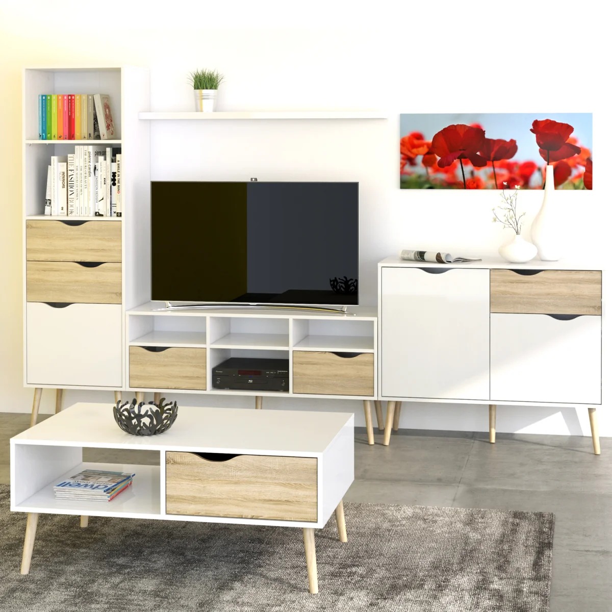 Oslo Bookcase 2 Drawers 1 Door in White and Oak - White & Oak – image 3
