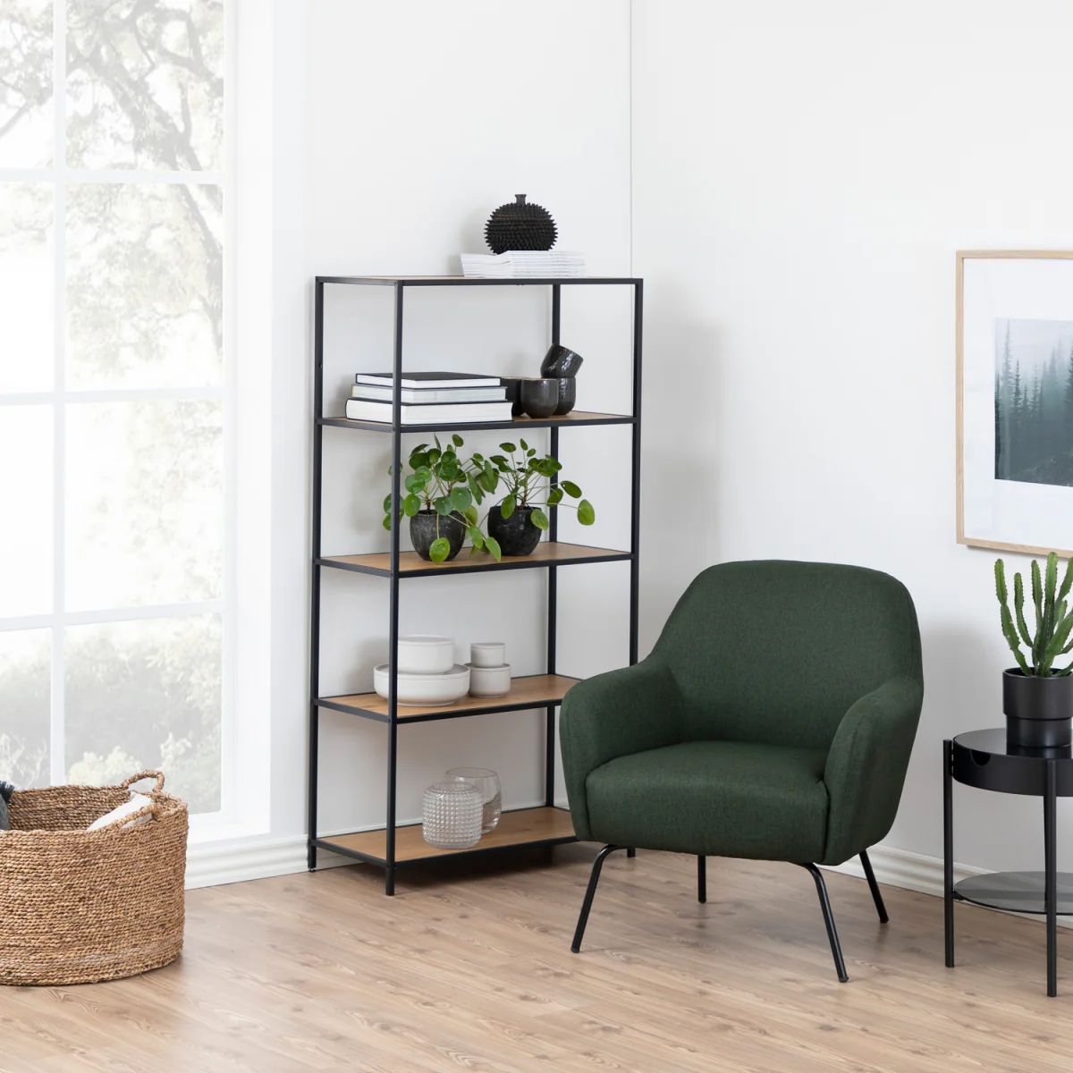 Seaford Black Metal Low Bookcase with 3 Oak Shelves - Oak & Black – image 4