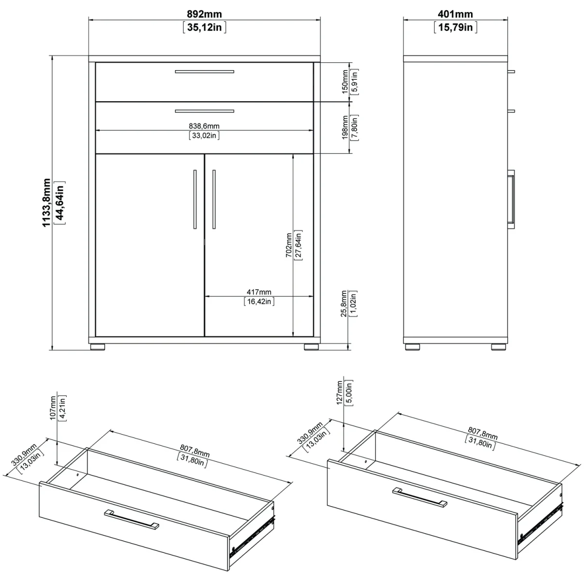 Prima Bookcase 3 Shelves with 2 Drawers 2 Doors - White – image 7
