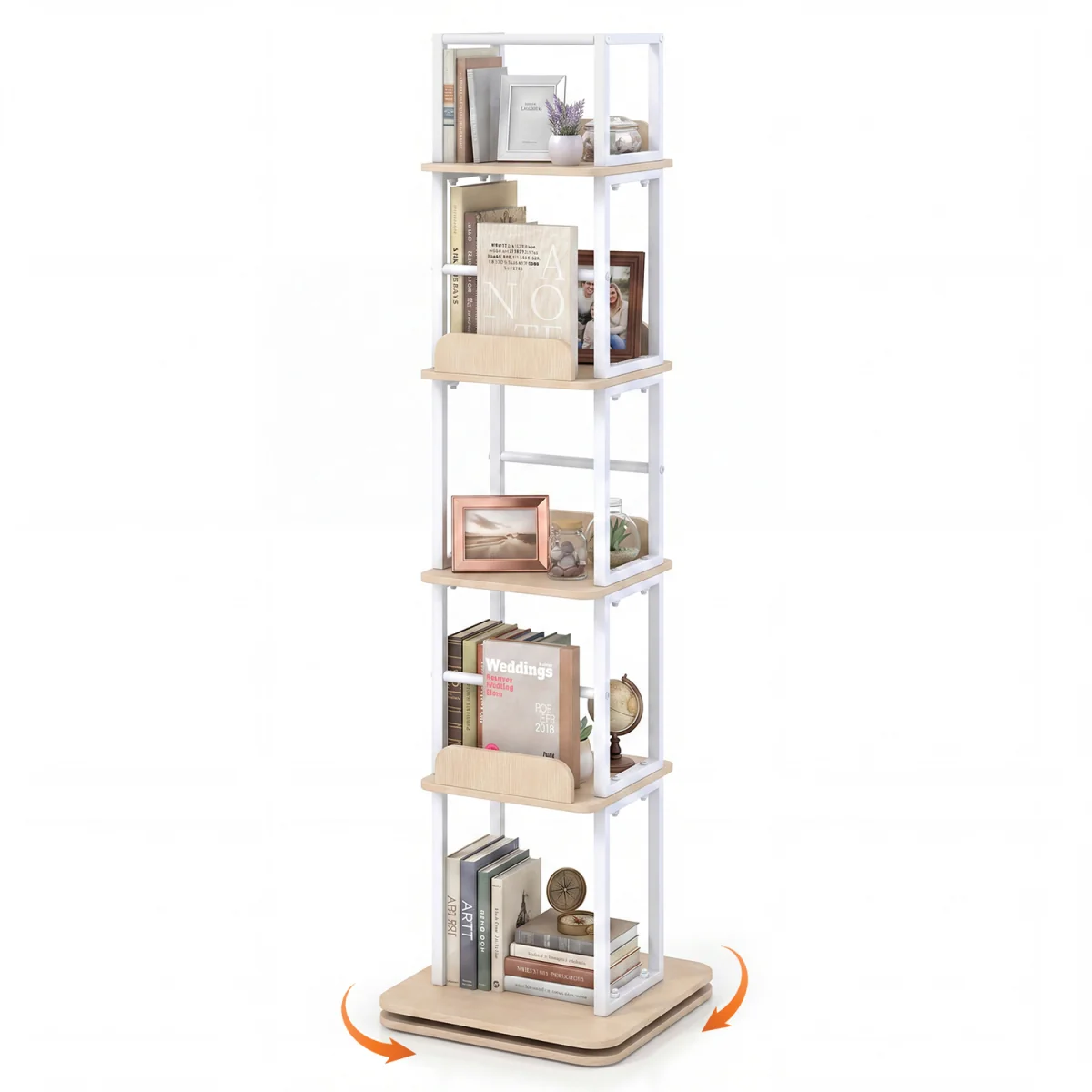 5 Tier Freestanding Vertical Rotating Bookshelf Tower-White - White – image 2