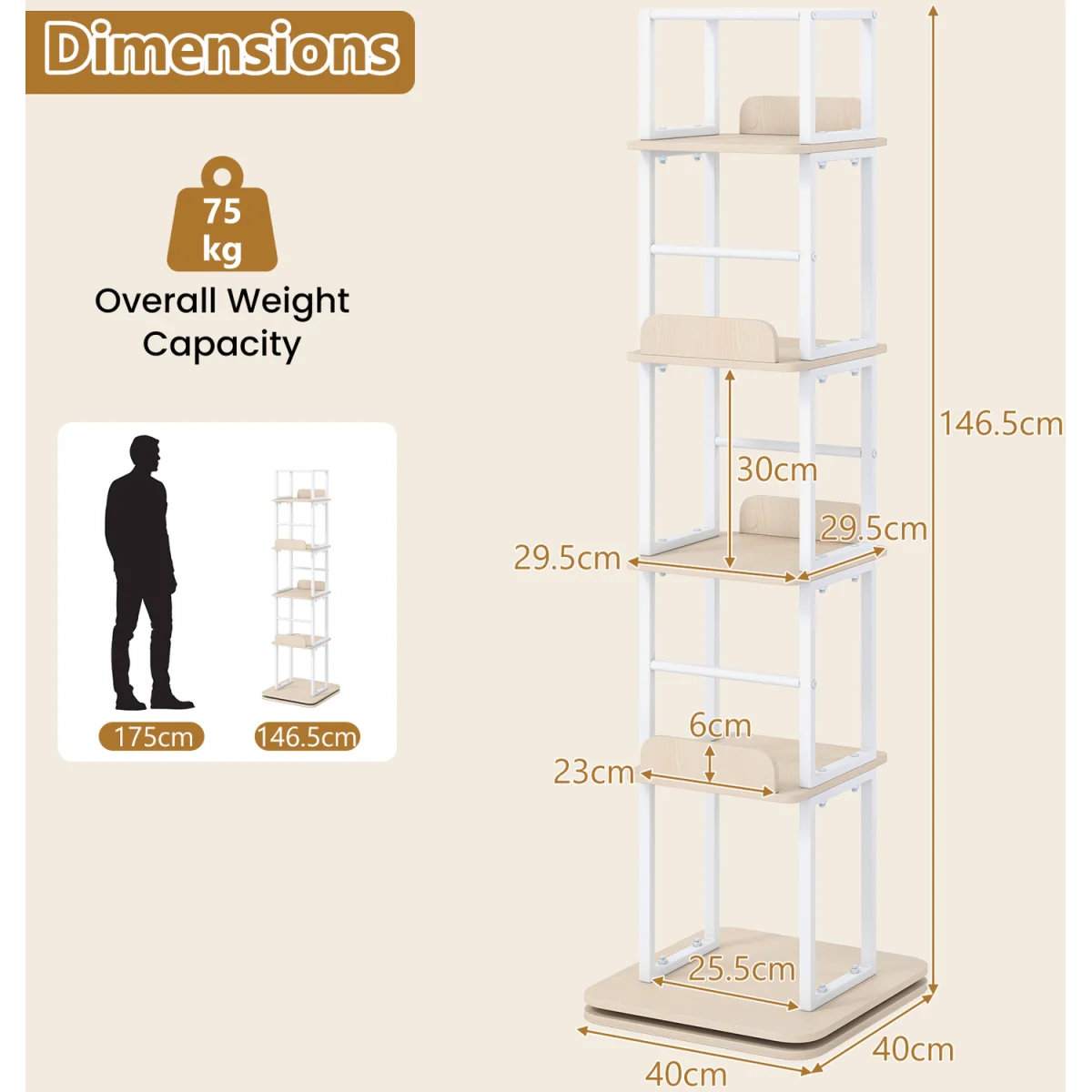 5 Tier Freestanding Vertical Rotating Bookshelf Tower-White - White – image 3