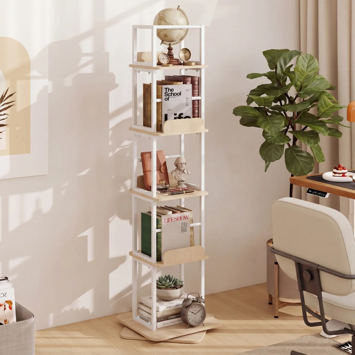 5 Tier Freestanding Vertical Rotating Bookshelf Tower-White - White – image 4