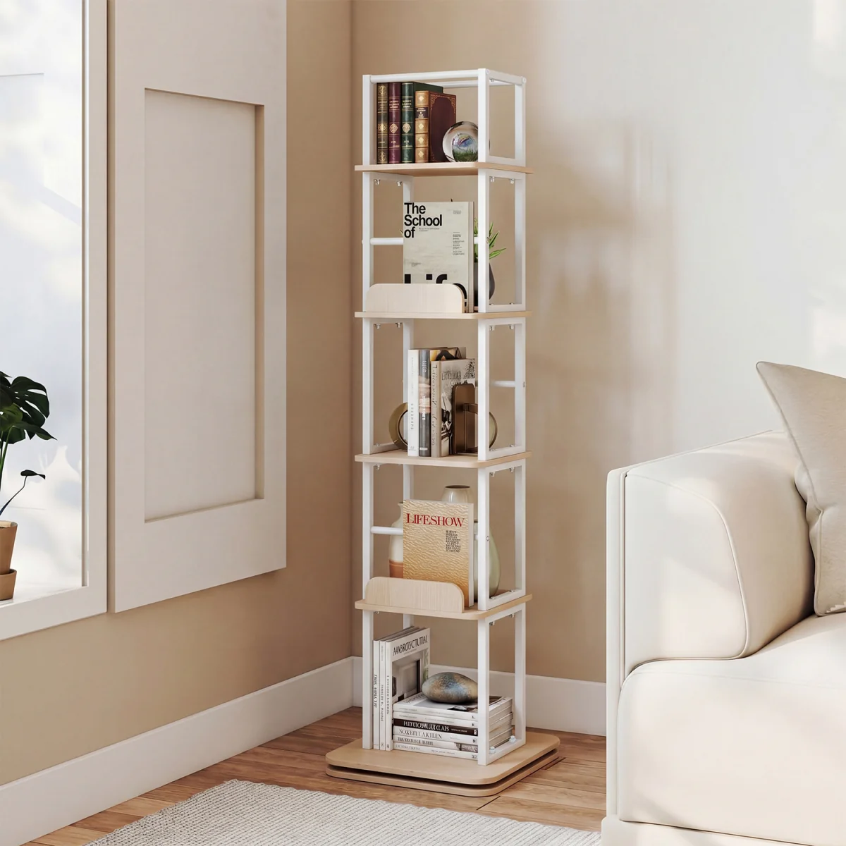 5 Tier Freestanding Vertical Rotating Bookshelf Tower-White - White – image 5