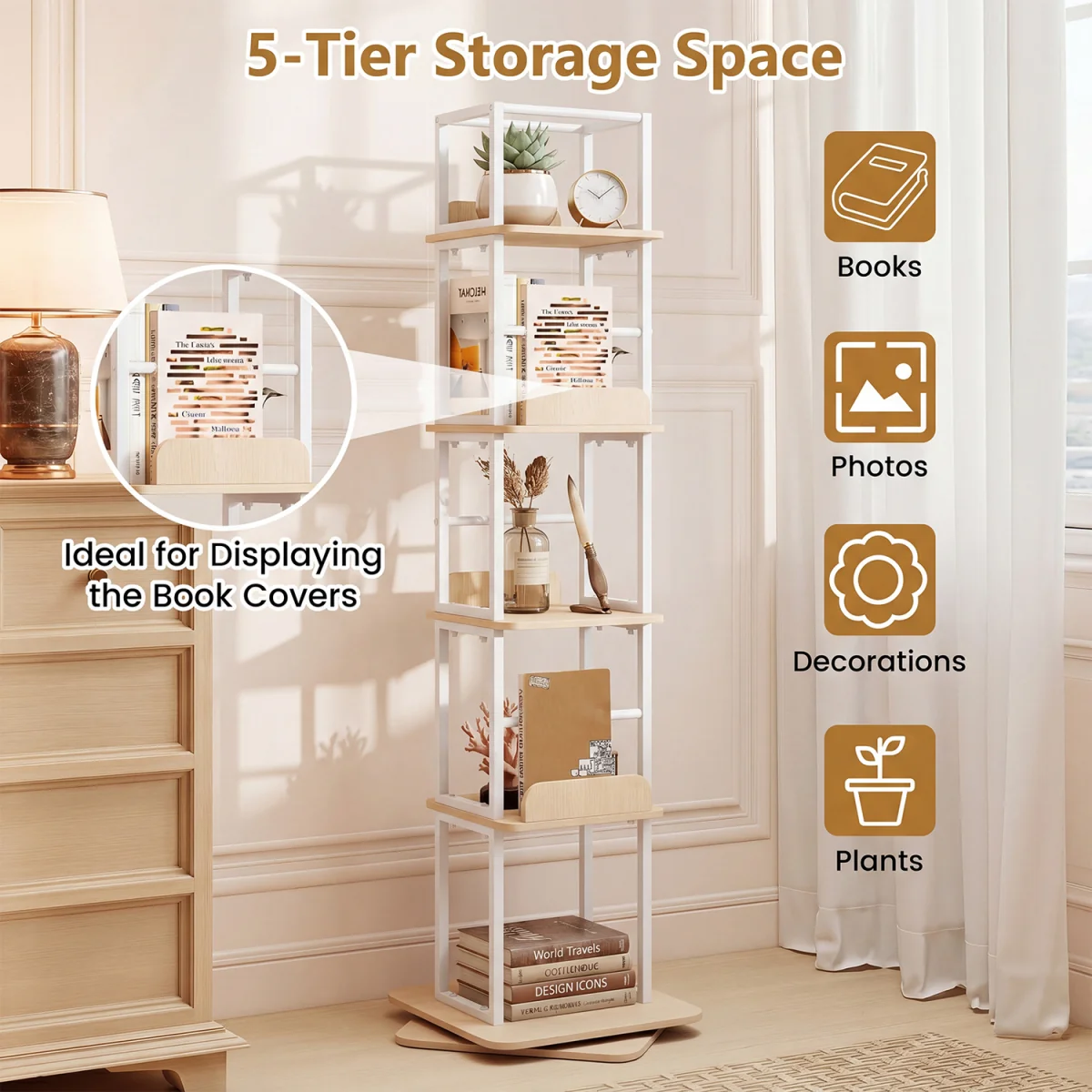 5 Tier Freestanding Vertical Rotating Bookshelf Tower-White - White – image 6