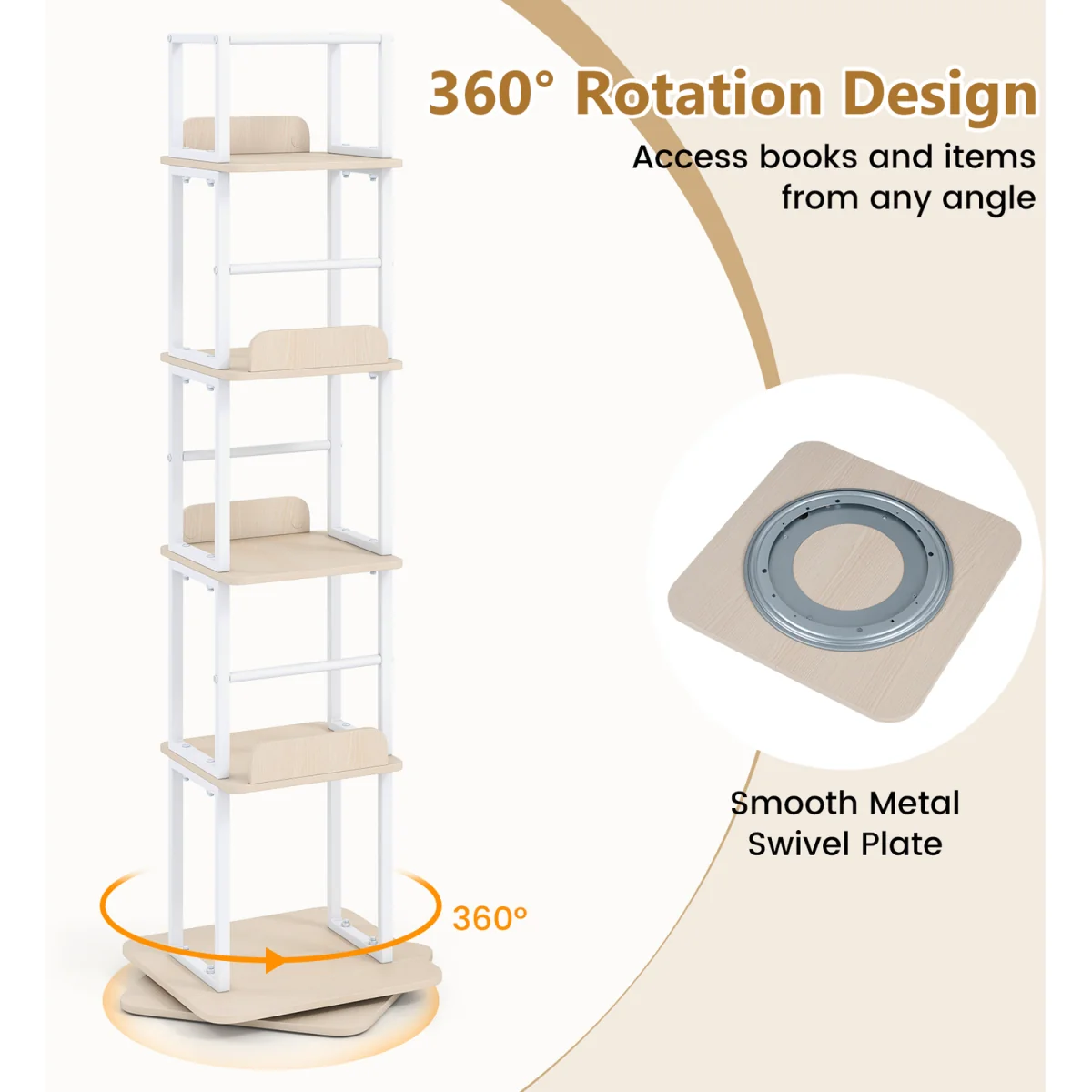 5 Tier Freestanding Vertical Rotating Bookshelf Tower-White - White – image 7