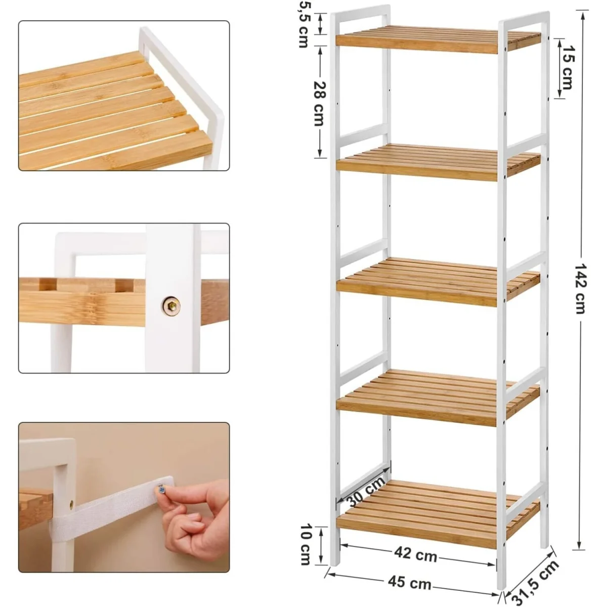 5-Tier Bamboo Storage Shelf Unit with Open Design for Home and Bathroom Organisation - Natural and White – image 2
