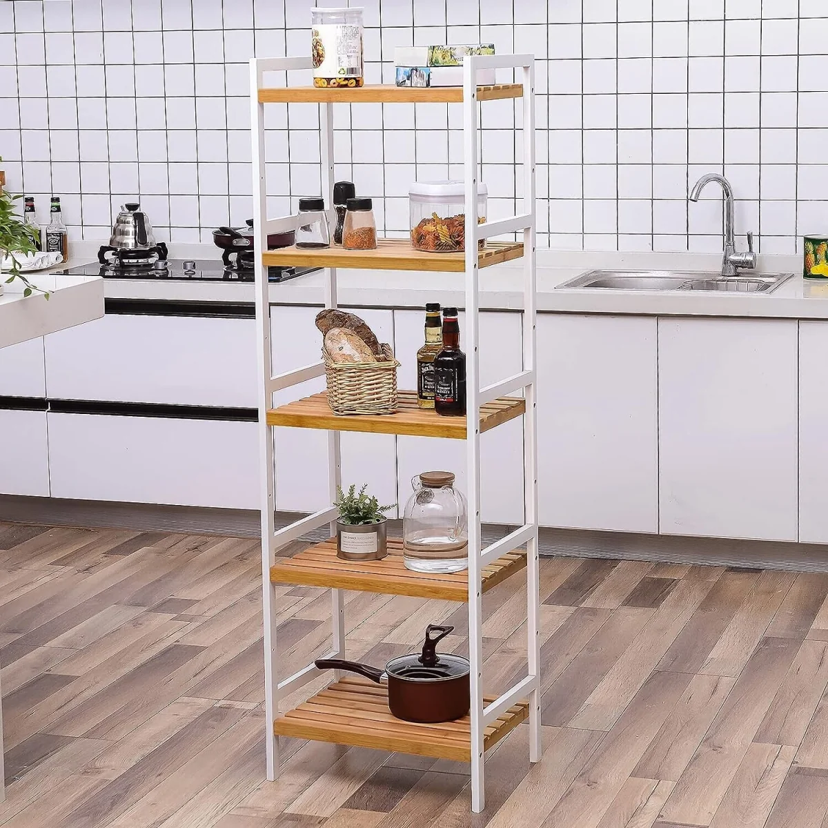 5-Tier Bamboo Storage Shelf Unit with Open Design for Home and Bathroom Organisation - Natural and White – image 4