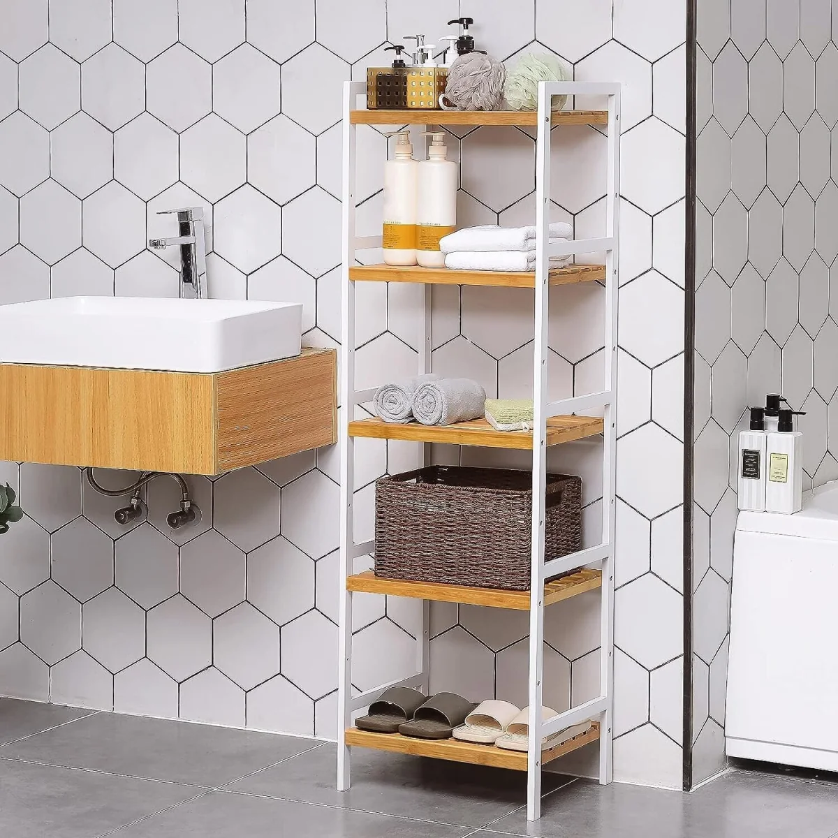 5-Tier Bamboo Storage Shelf Unit with Open Design for Home and Bathroom Organisation - Natural and White – image 5