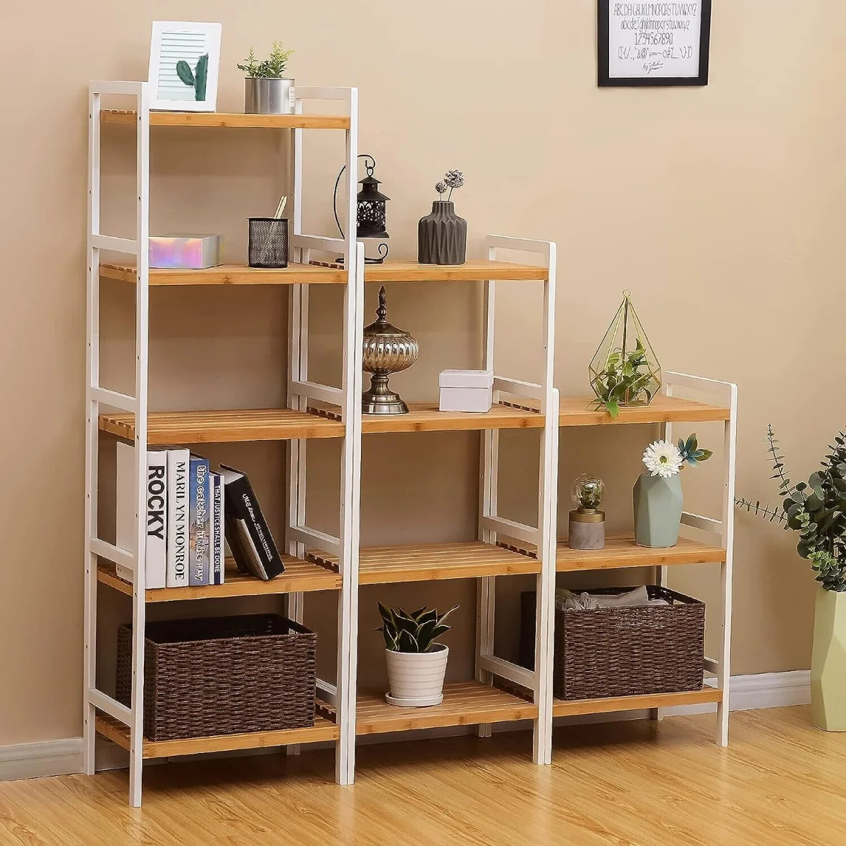 5-Tier Bamboo Storage Shelf Unit with Open Design for Home and Bathroom Organisation - Natural and White – image 6