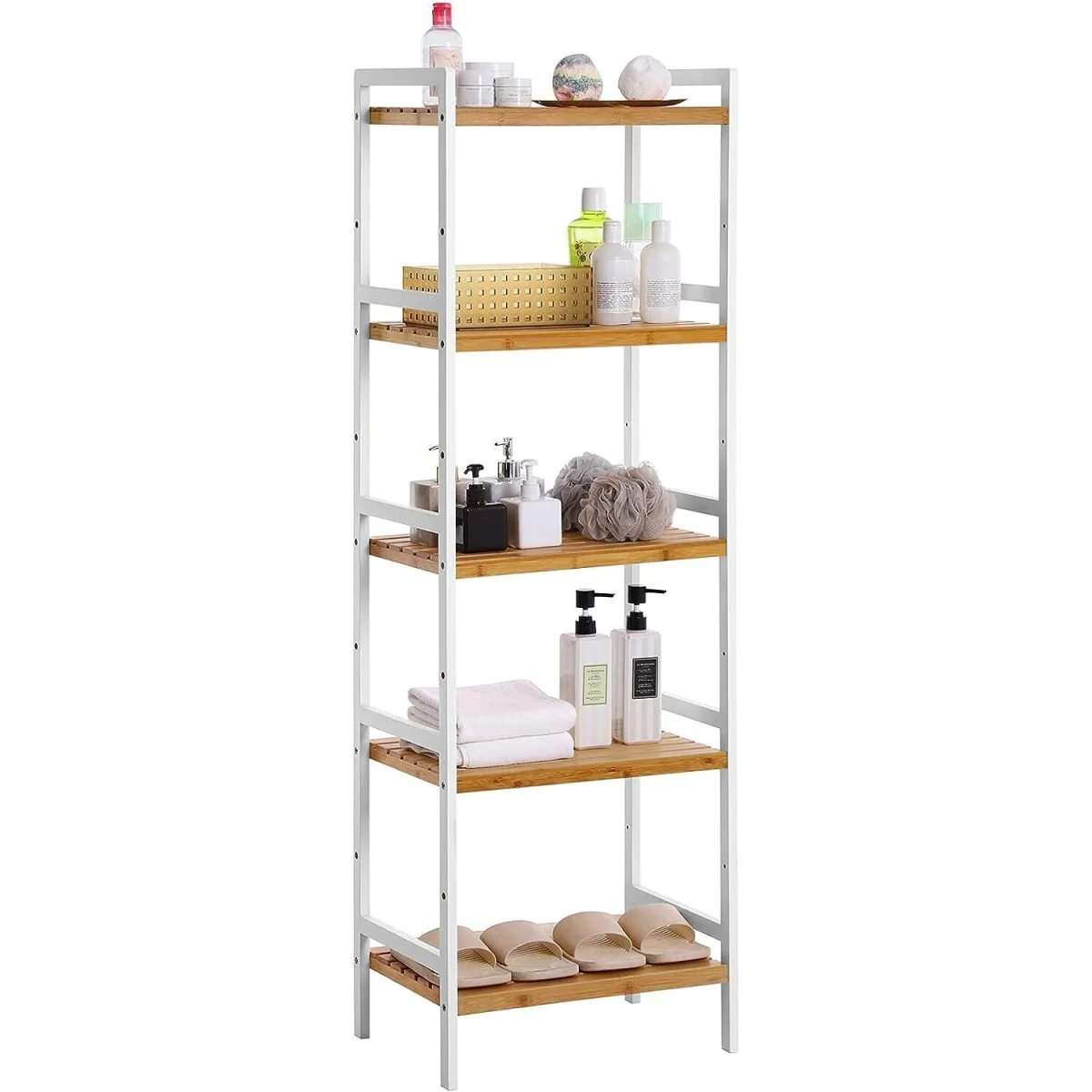 5-Tier Bamboo Storage Shelf Unit with Open Design for Home and Bathroom Organisation - Natural and White – image 8