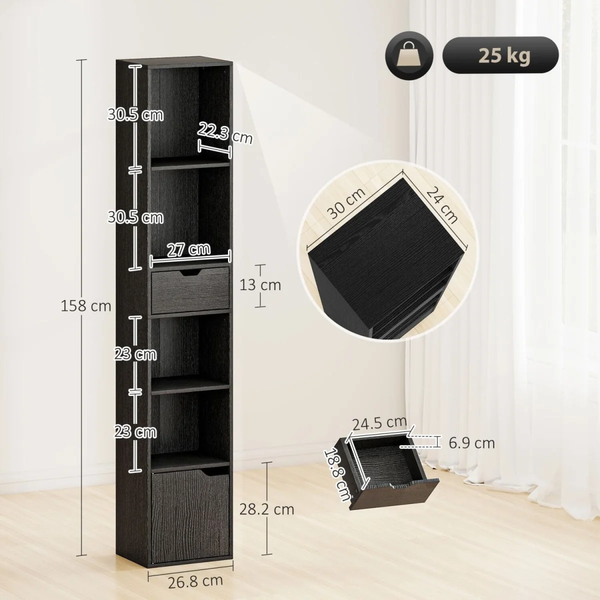 Nota Wooden Black Tall Narrow 6-Tier Bookcase with Drawer and Door – image 2