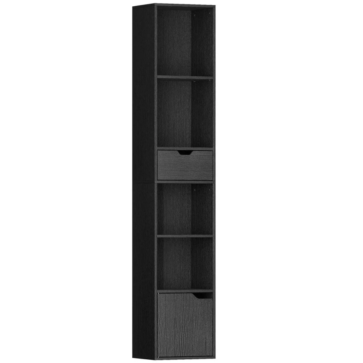 Nota Wooden Black Tall Narrow 6-Tier Bookcase with Drawer and Door – image 3