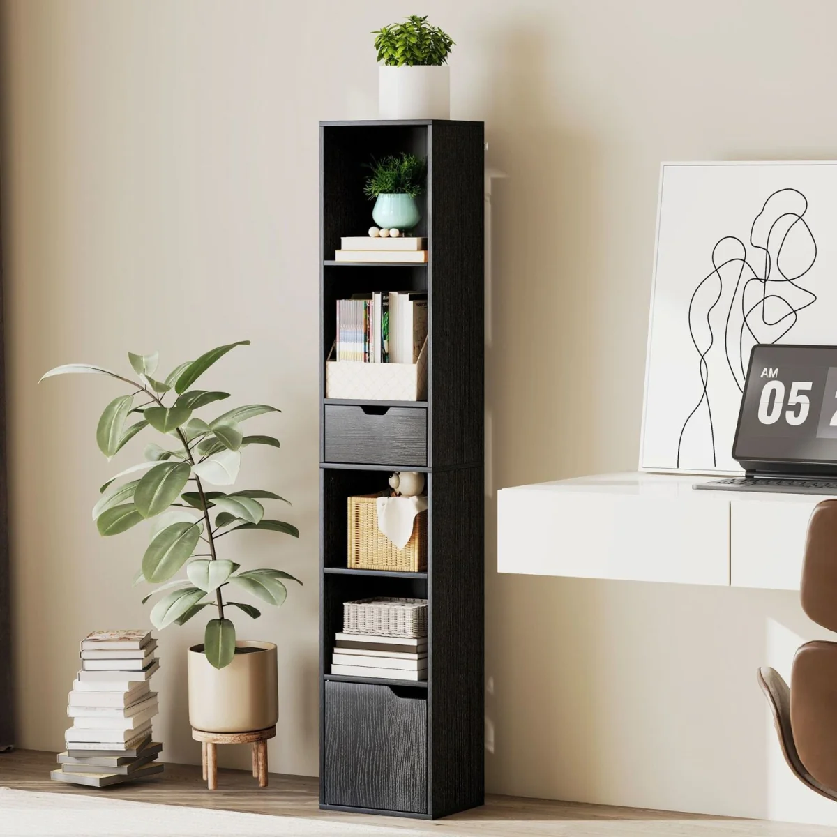 Nota Wooden Black Tall Narrow 6-Tier Bookcase with Drawer and Door – image 4