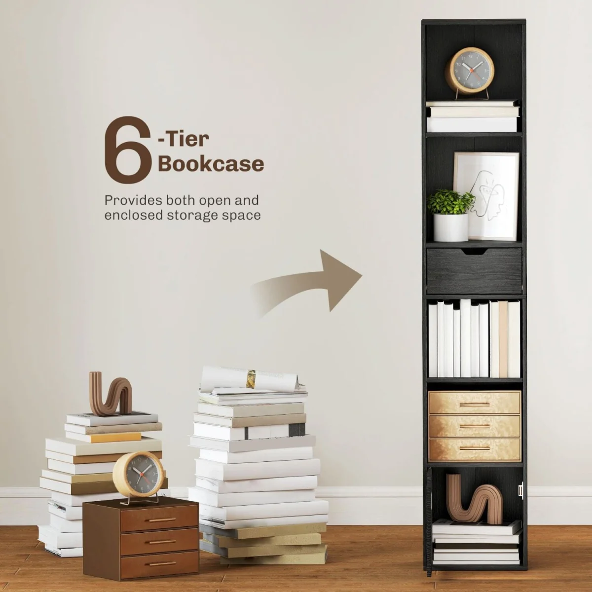 Nota Wooden Black Tall Narrow 6-Tier Bookcase with Drawer and Door – image 5