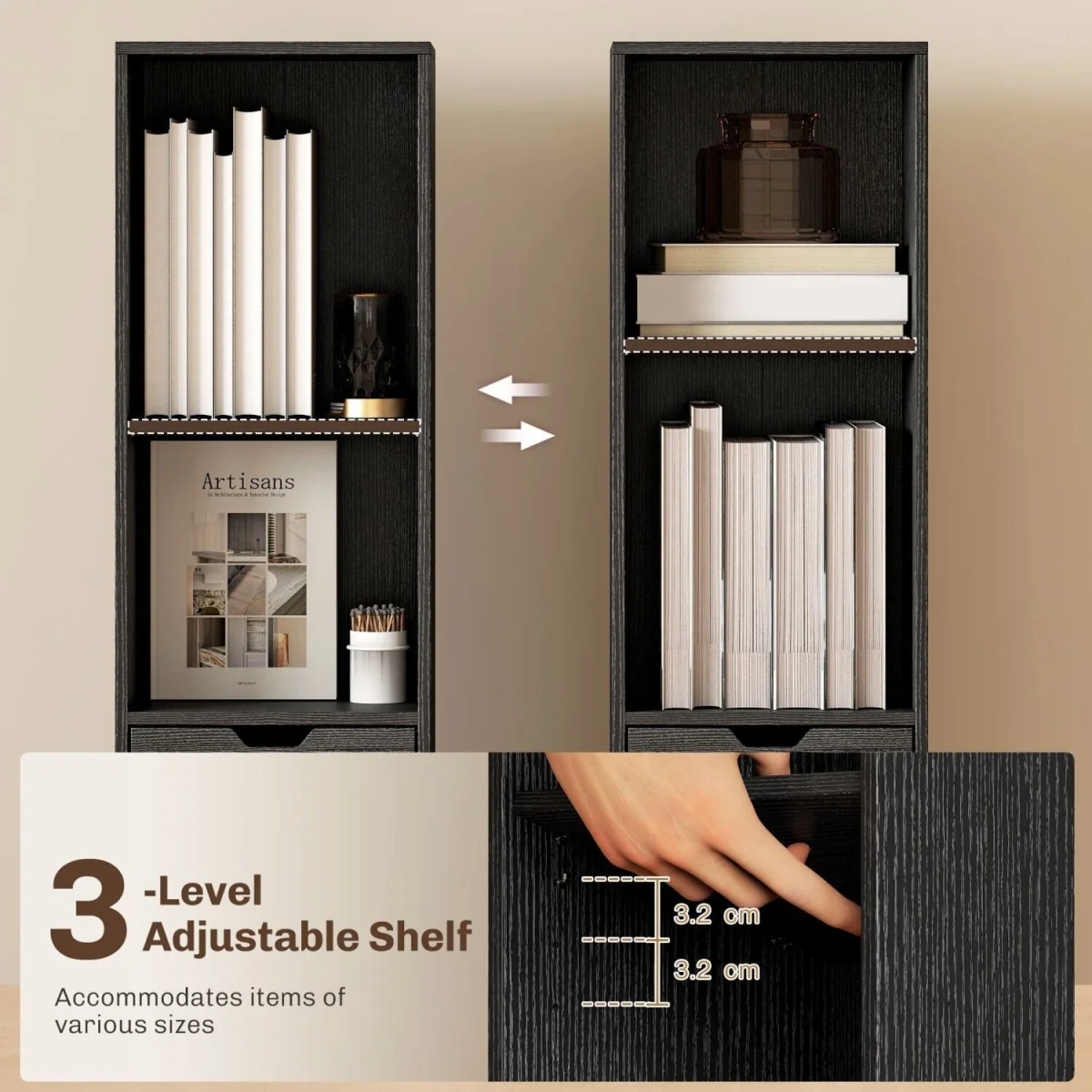 Nota Wooden Black Tall Narrow 6-Tier Bookcase with Drawer and Door – image 6