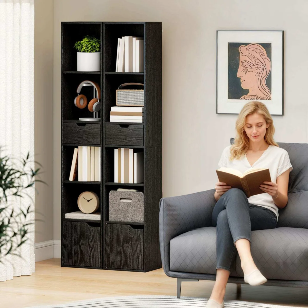 Nota Wooden Black Tall Narrow 6-Tier Bookcase with Drawer and Door – image 8