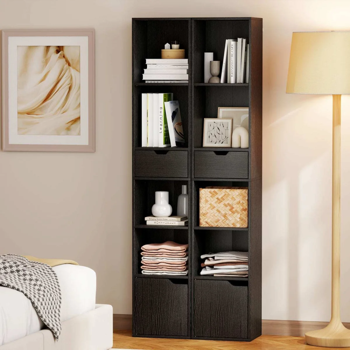 Nota Wooden Black Tall Narrow 6-Tier Bookcase with Drawer and Door – image 9
