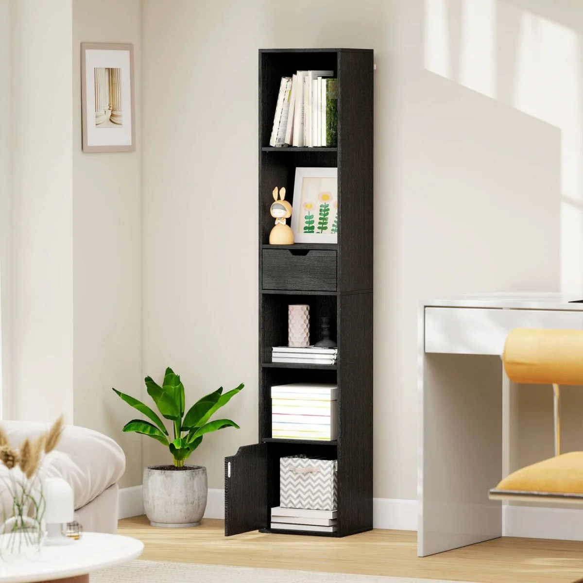 Nota Wooden Black Tall Narrow 6-Tier Bookcase with Drawer and Door – image 10