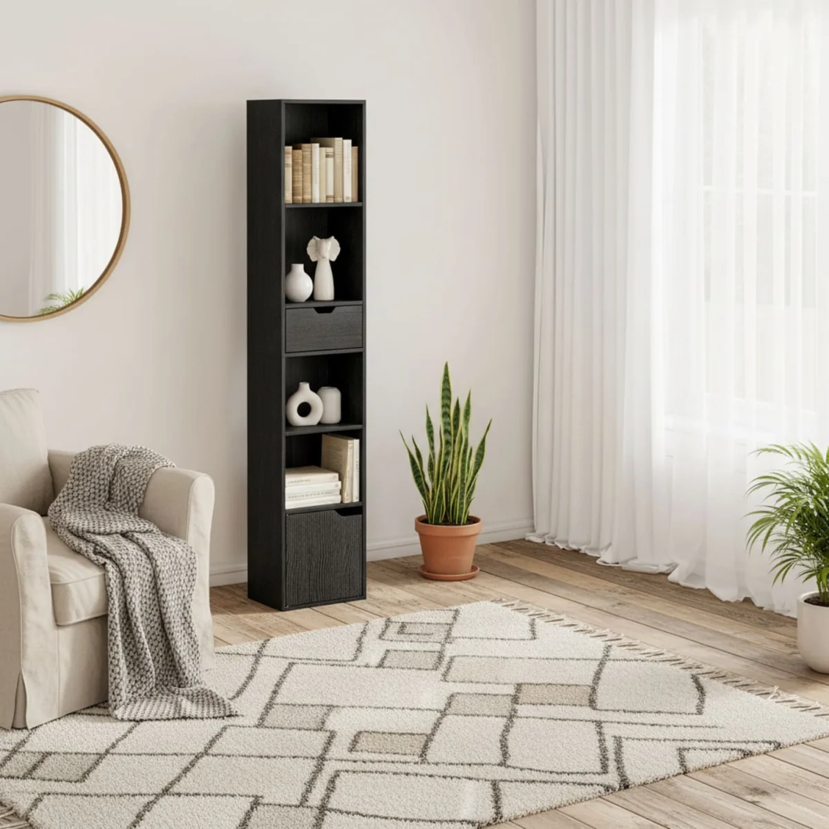 Nota Wooden Black Tall Narrow 6-Tier Bookcase with Drawer and Door – image 1