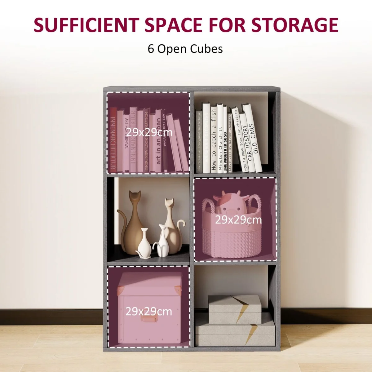 Fahe Wooden Grey 6 Cube Storage Bookcase – image 6