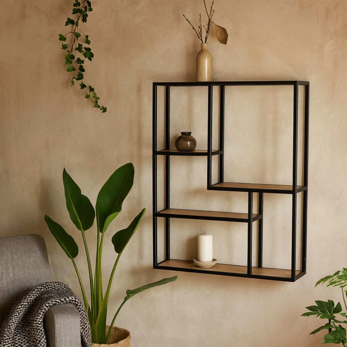 El Paso Wall Shelf Matt Steel Frame Wild Oak Effect 3 Shelves - Black – image 2