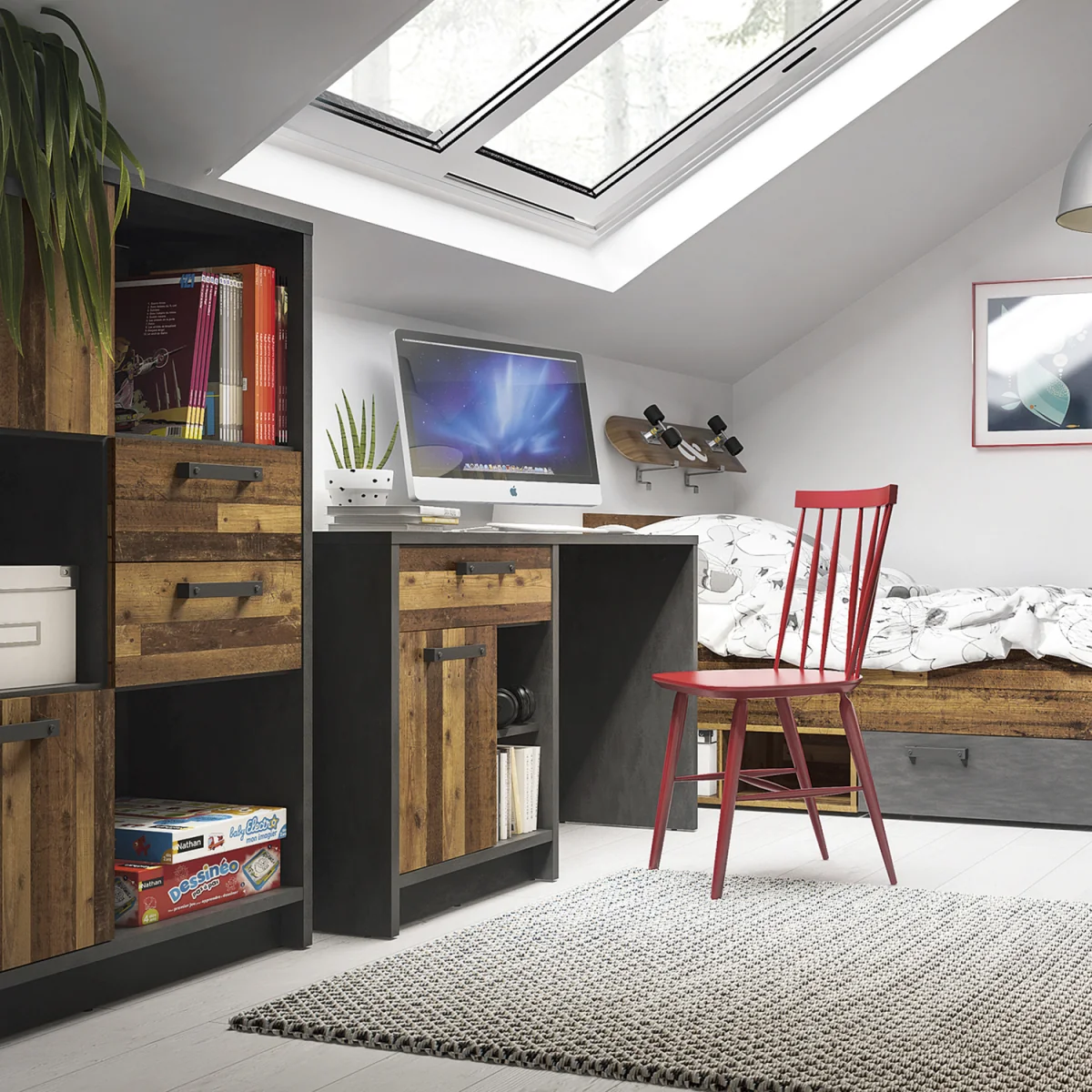 Brooklyn Low Bookcase with 2 Doors and 2 Drawers in Walnut and Dark Matera Grey - Walnut & Dark Matera Grey – image 6