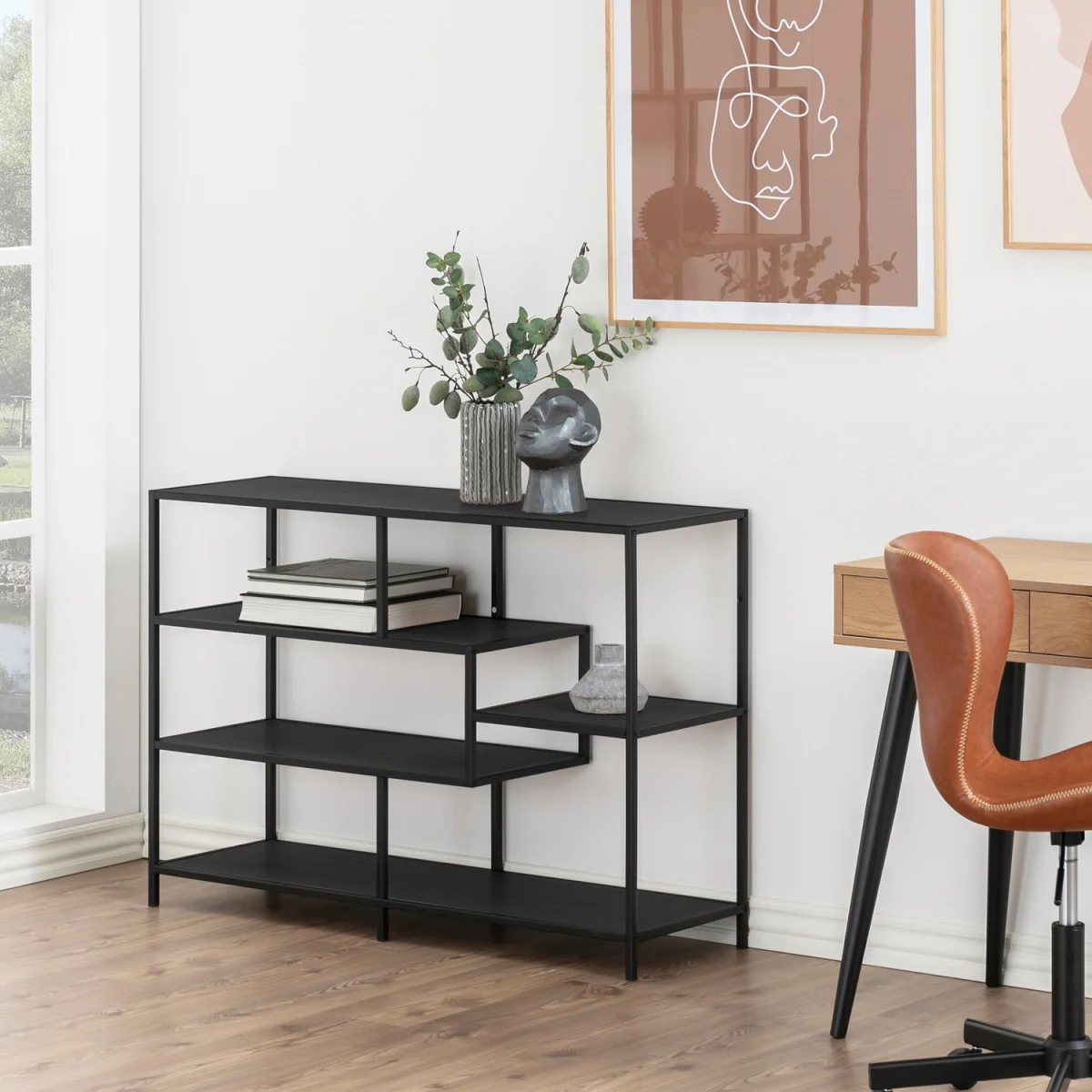 Seaford Wide Black Metal Bookcase with 4 Black Oak Shelves - Black – image 4