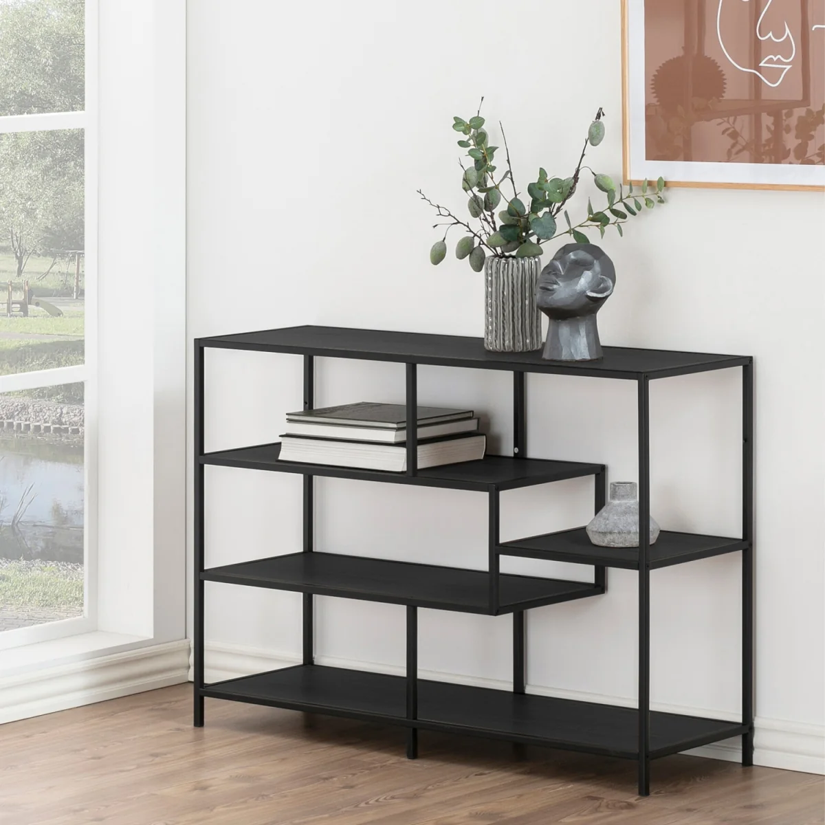 Seaford Wide Black Metal Bookcase with 4 Black Oak Shelves - Black – image 5