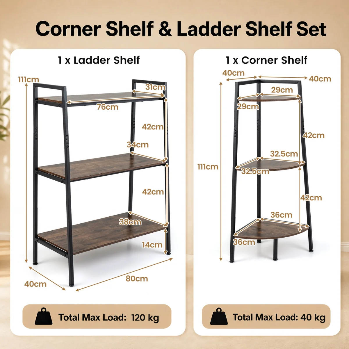3 Tier Corner Stand And Ladder Shelf - Brown – image 3