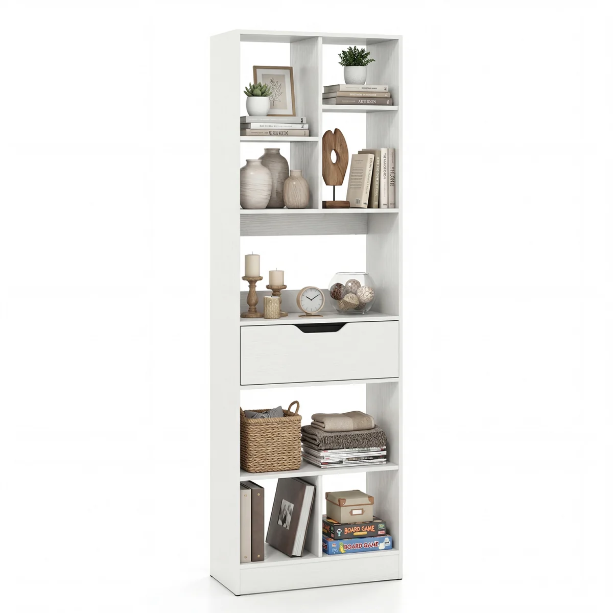 Tall Freestanding Bookshelf with Drawer And Open Cubes-Brown - White – image 2