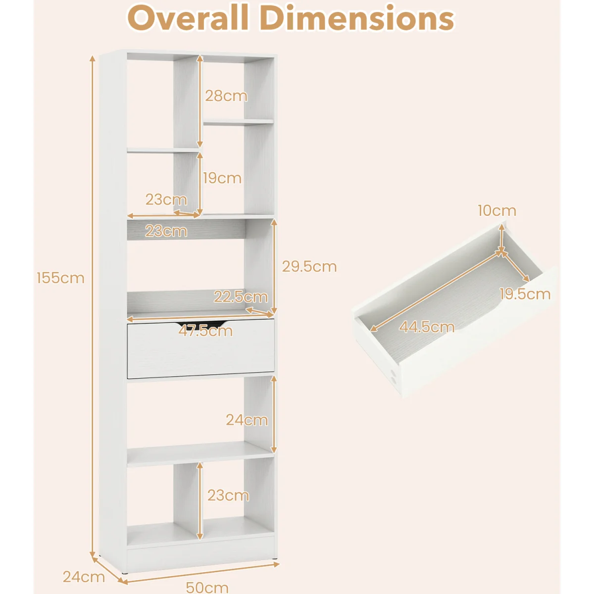 Tall Freestanding Bookshelf with Drawer And Open Cubes-Brown - White – image 3