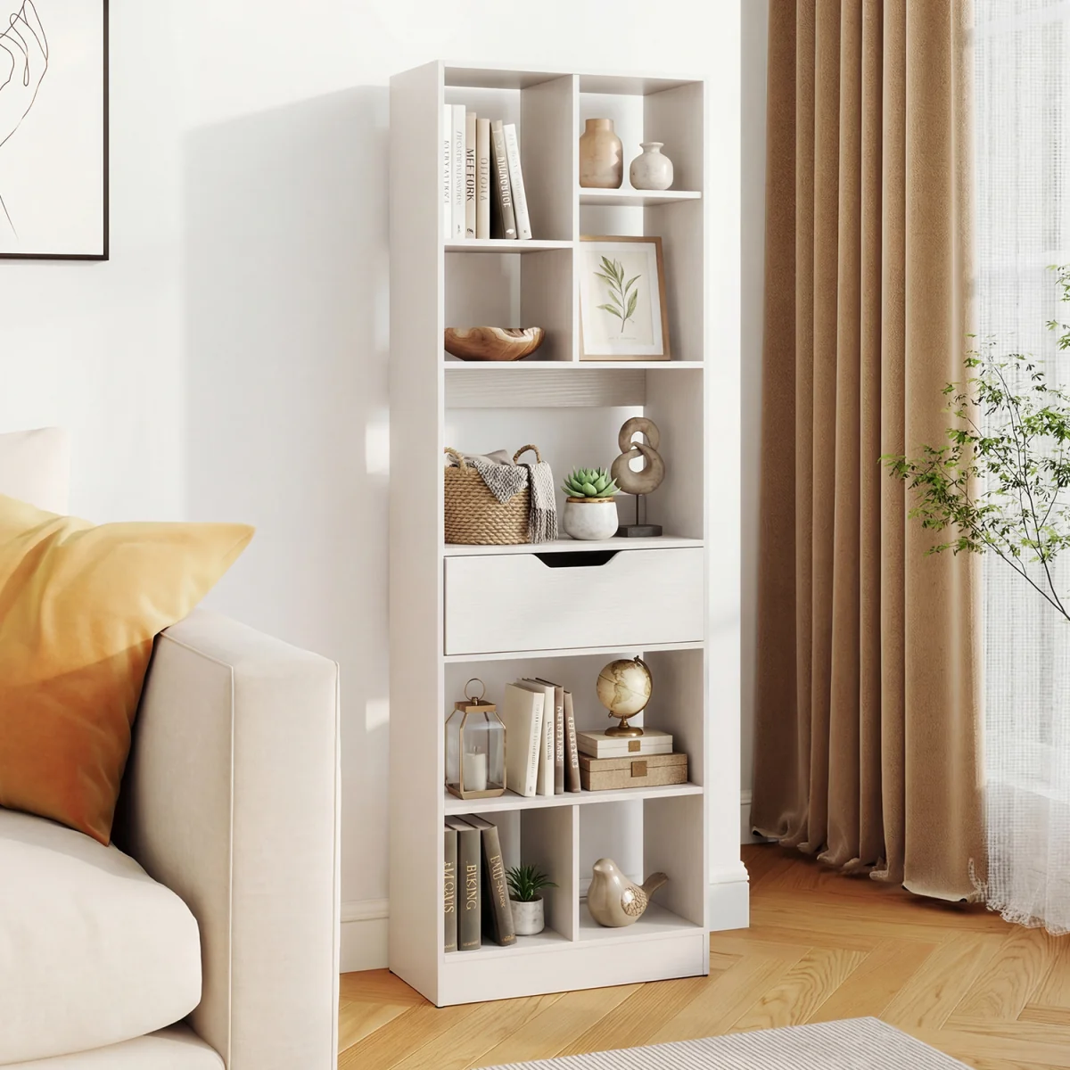 Tall Freestanding Bookshelf with Drawer And Open Cubes-Brown - White – image 4