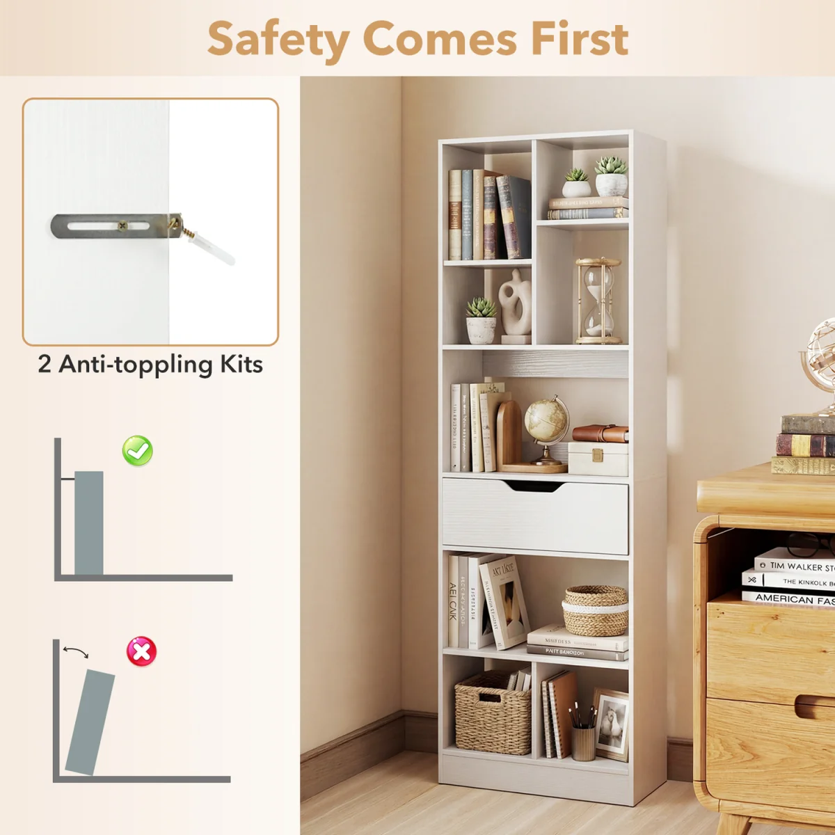 Tall Freestanding Bookshelf with Drawer And Open Cubes-Brown - White – image 5