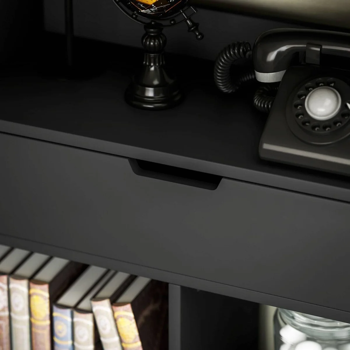 Farama Metal and Wood Black Tall Freestanding Bookcase with Drawer Storage – image 2