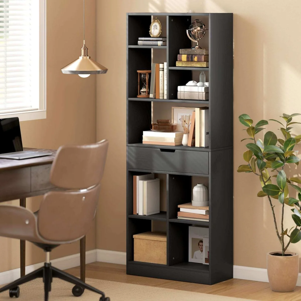 Farama Metal and Wood Black Tall Freestanding Bookcase with Drawer Storage – image 4