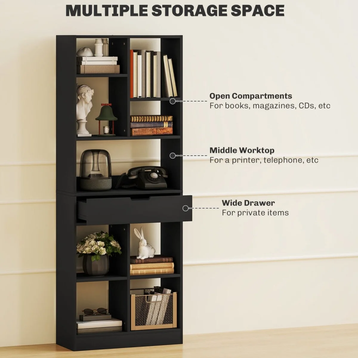 Farama Metal and Wood Black Tall Freestanding Bookcase with Drawer Storage – image 6