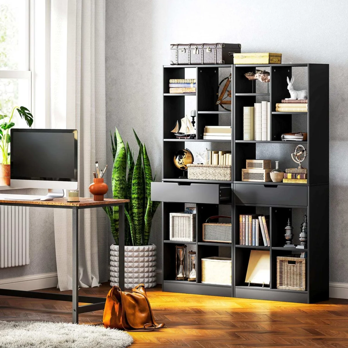 Farama Metal and Wood Black Tall Freestanding Bookcase with Drawer Storage – image 8