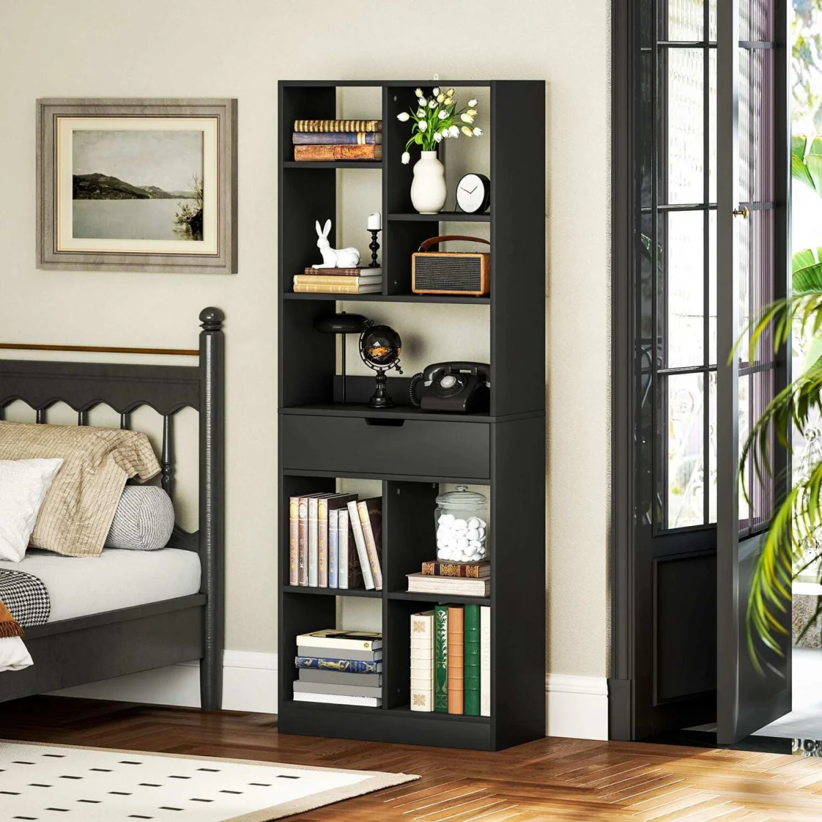 Farama Metal and Wood Black Tall Freestanding Bookcase with Drawer Storage – image 9