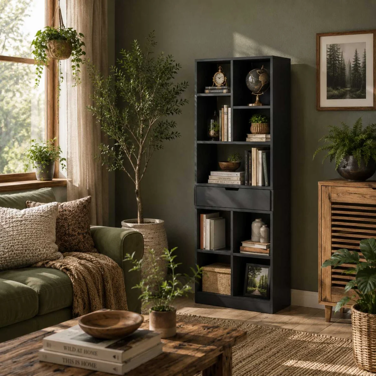 Farama Metal and Wood Black Tall Freestanding Bookcase with Drawer Storage – image 1