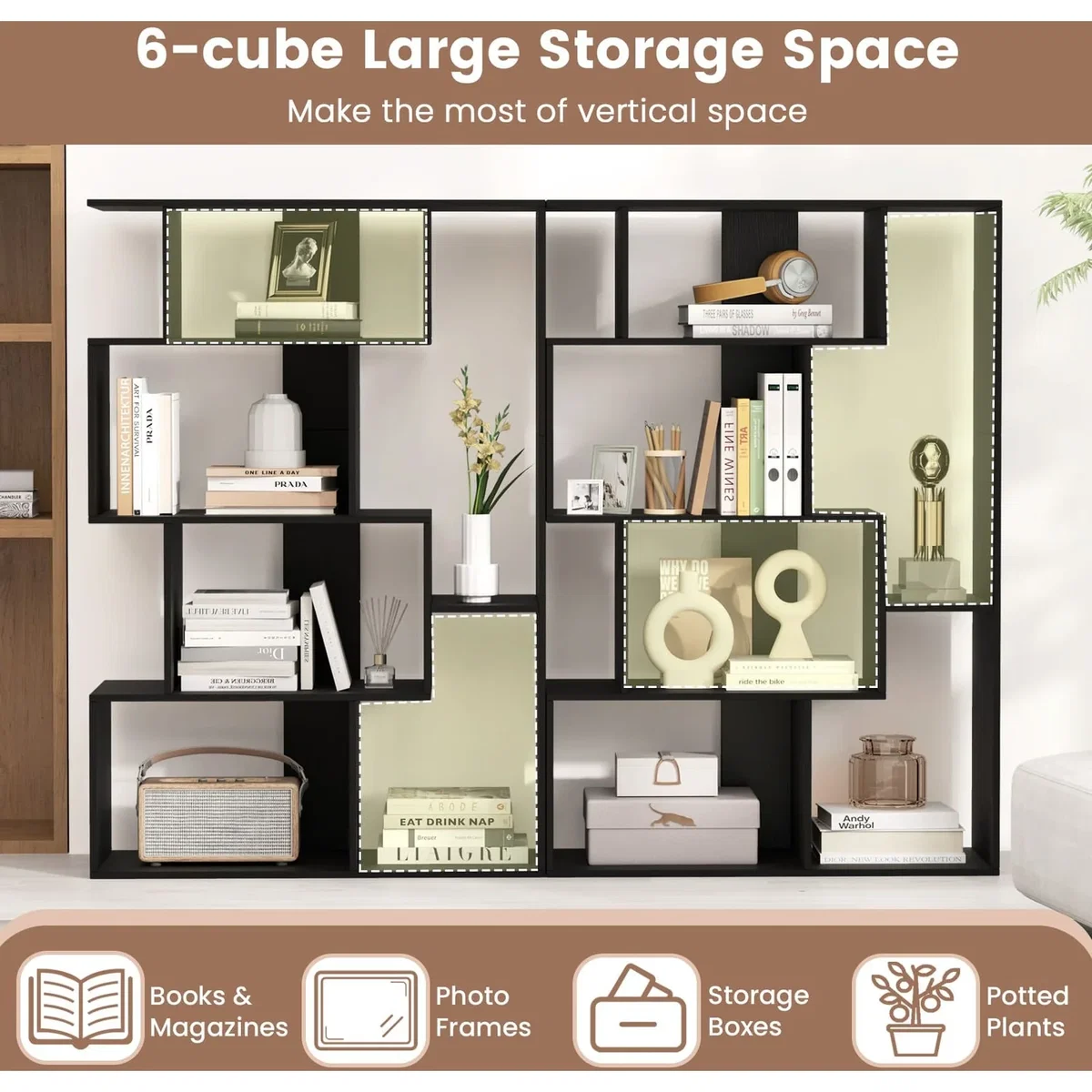 Costway 6-Cube Large Bookcase B - Black – image 9