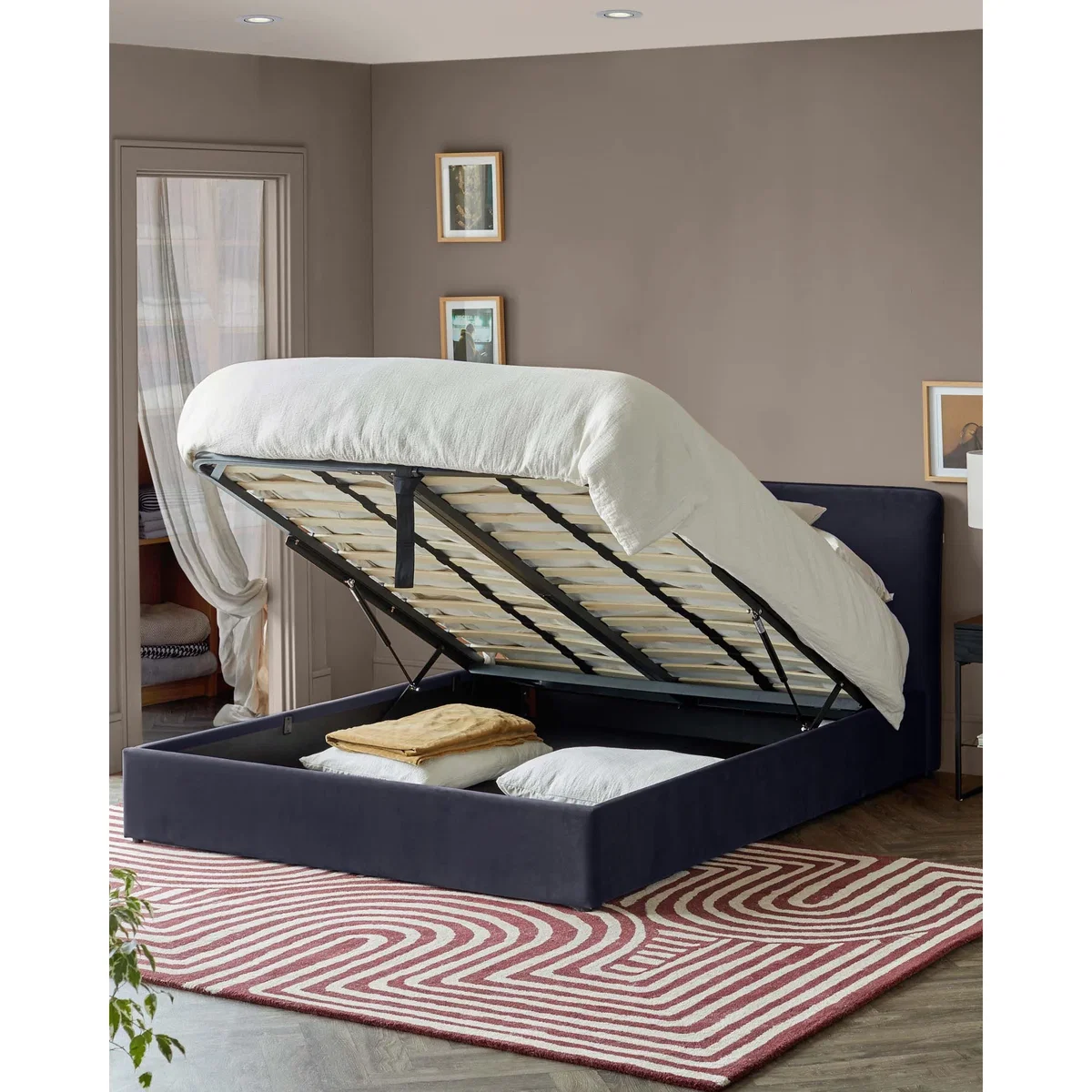 Turin dark navy velvet king size ottoman storage bed – image 2