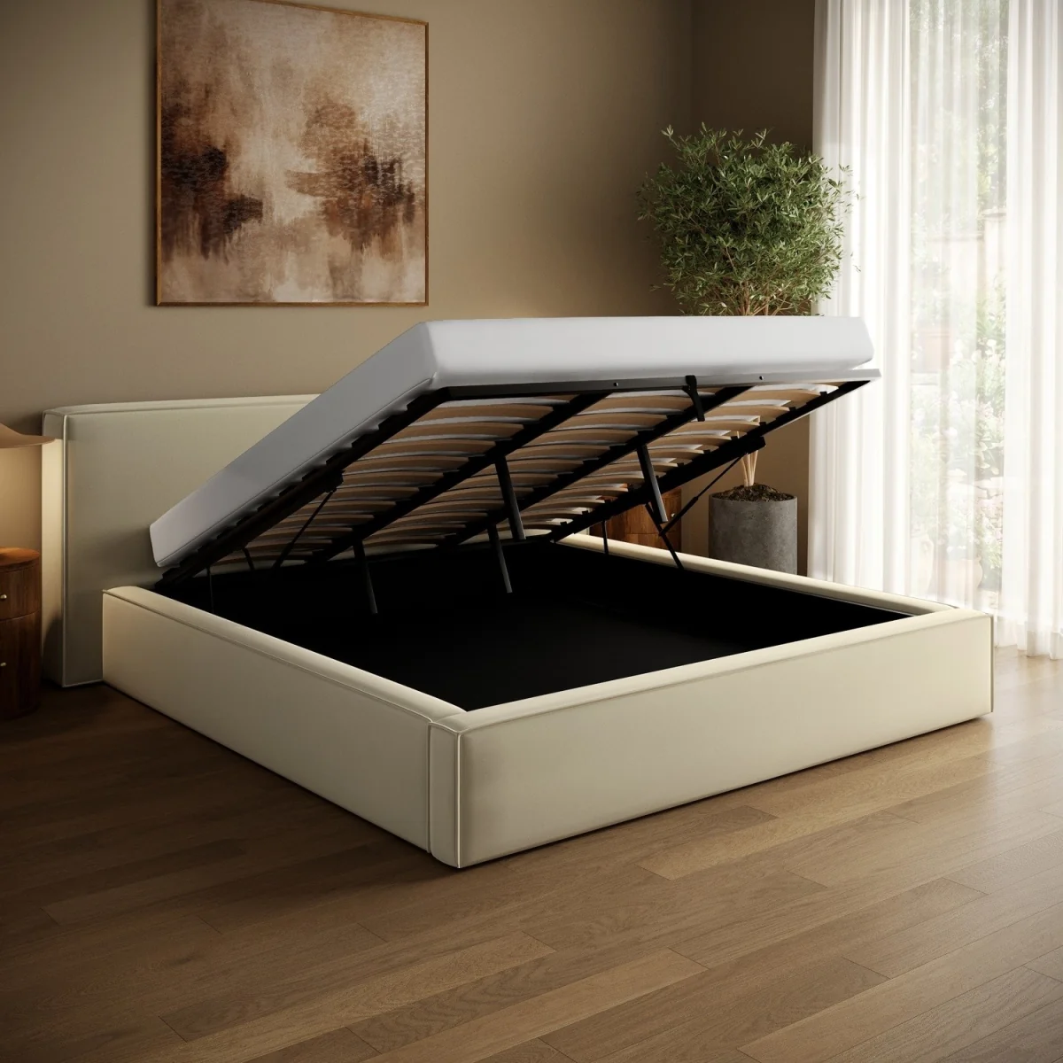 Cream Velvet Super King Low-Profile Ottoman Bed with Tailored Seam Detailing - Sereno – image 5