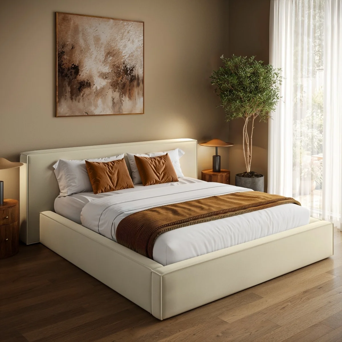 Cream Velvet Super King Low-Profile Ottoman Bed with Tailored Seam Detailing - Sereno – image 1