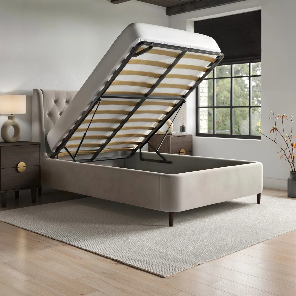 Beige Velvet Small Double Ottoman Bed With Legs - Amara – image 2